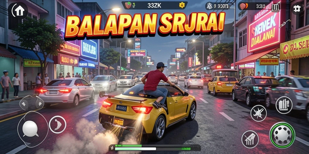 Screenshot menampilkan aksi balapan seru di 33ZK dengan kendaraan cepat.