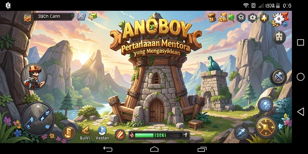 Tangkapan layar gameplay ANOBOY menampilkan kekuatan menara pertahanan dalam aksi.