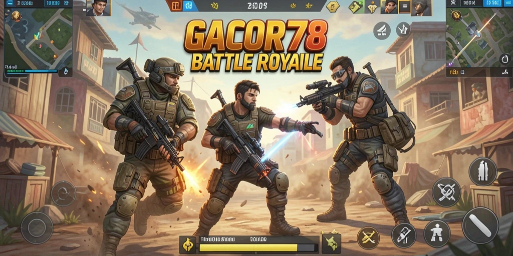 Screenshot utama GACOR78 menampilkan kekacauan pertempuran di arena Battle Royale.