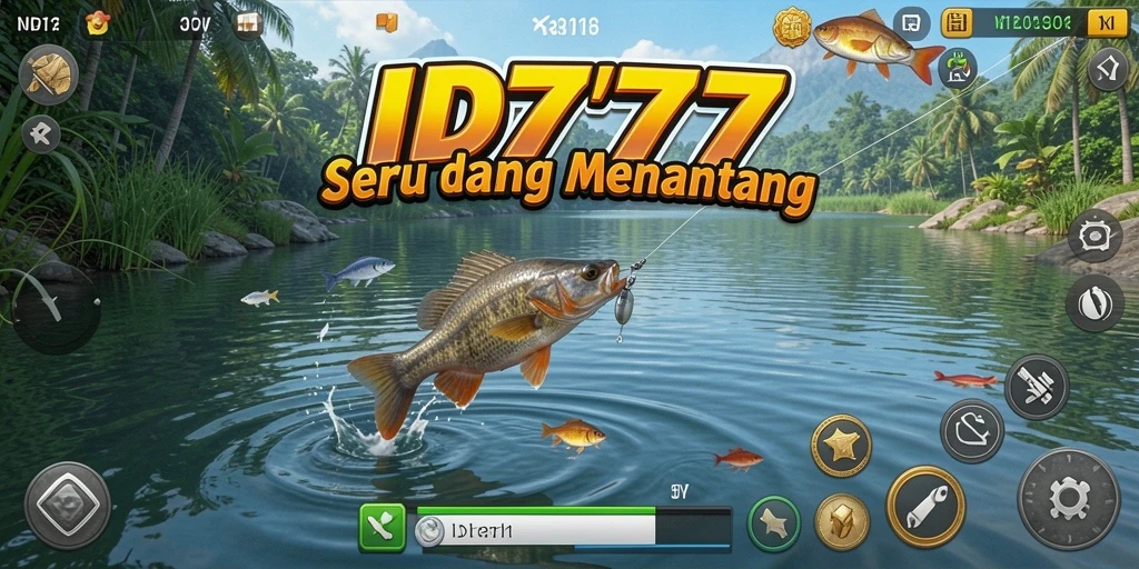 Screenshot gameplay ID777 menampilkan aksi memancing yang intens dan luasnya lautan yang bisa dijelajahi.