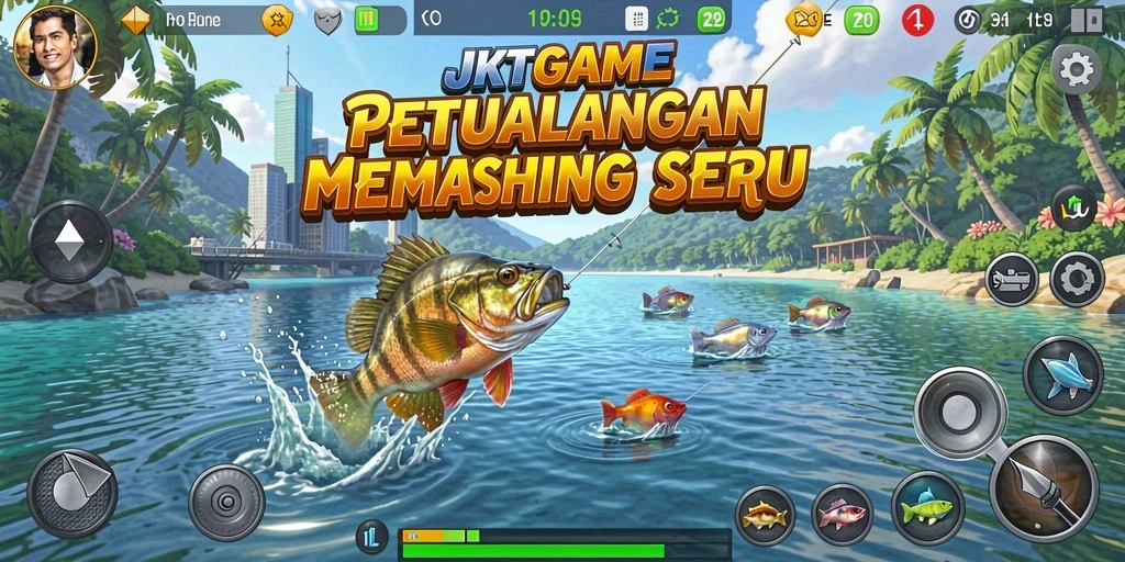 Tampilan gameplay JKTGAME yang menampilkan momen menangkap ikan.