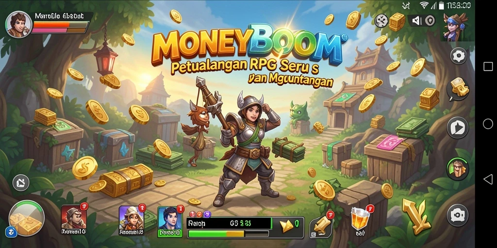 Screenshot gameplay MONEYBOOM menampilkan karakter bertarung dengan monster di dunia fantasi.
