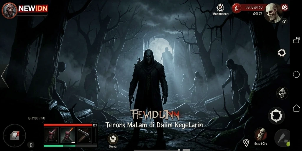 Screenshot gameplay NEWIDN dengan suasana yang menyeramkan dan efek visual yang memukau.