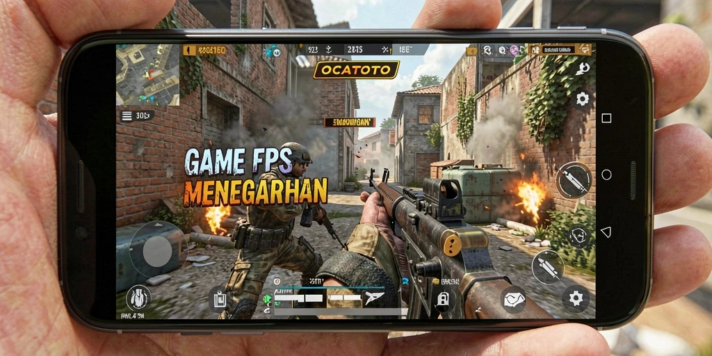 Screenshot utama OCATOTO menampilkan aksi tembak-menembak yang mendebarkan di battlefield.