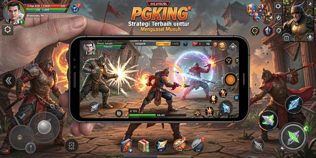 Screenshot utama PGKING menampilkan aksi pertempuran strategi yang mendebarkan.