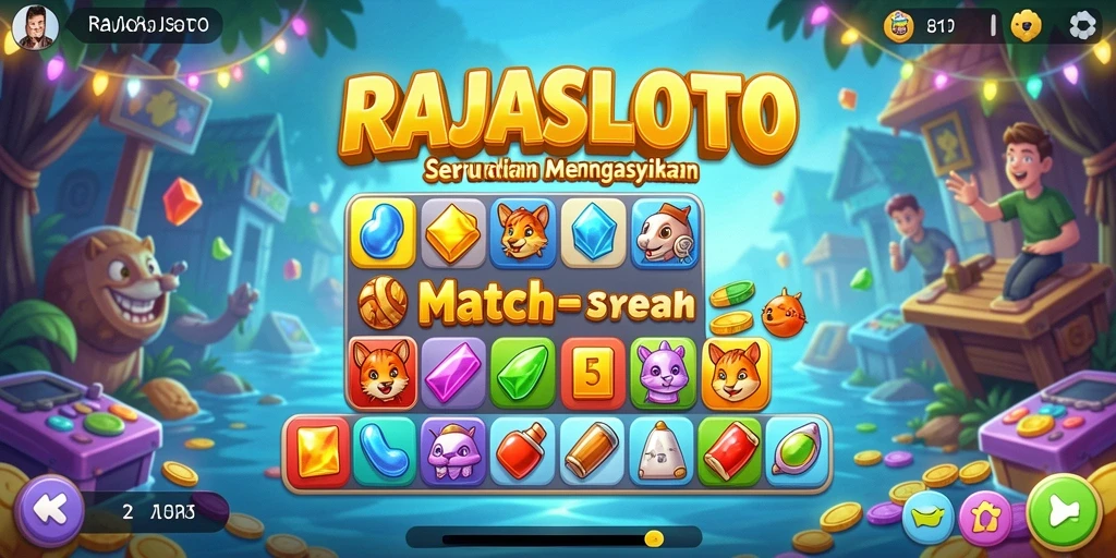 Tampilan menarik dari gameplay Match-3 RAJASLOTO yang penuh warna.