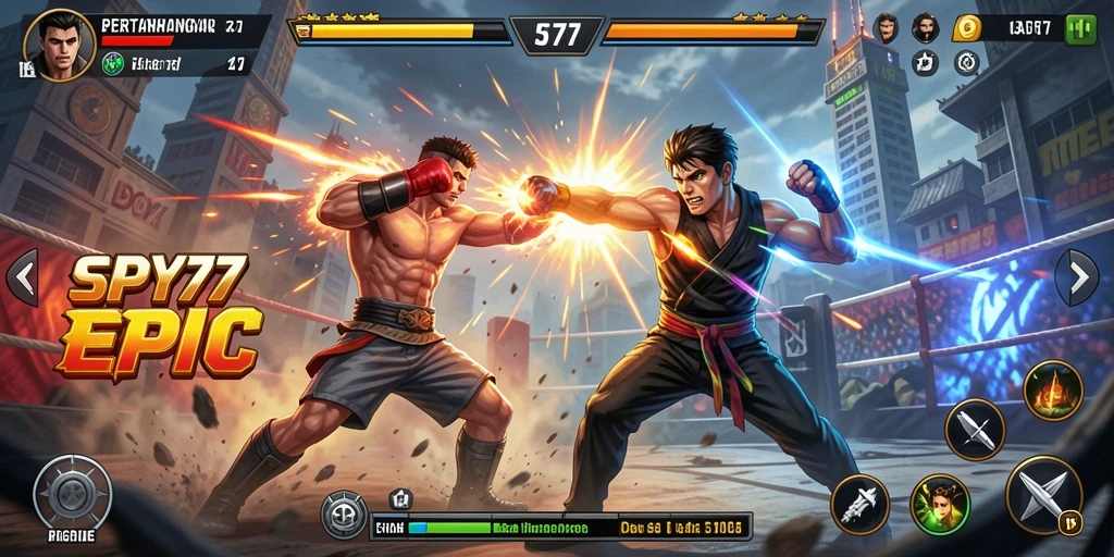 Tampilan gameplay SPY77 dengan pertarungan yang intens dan karakter yang menonjol.