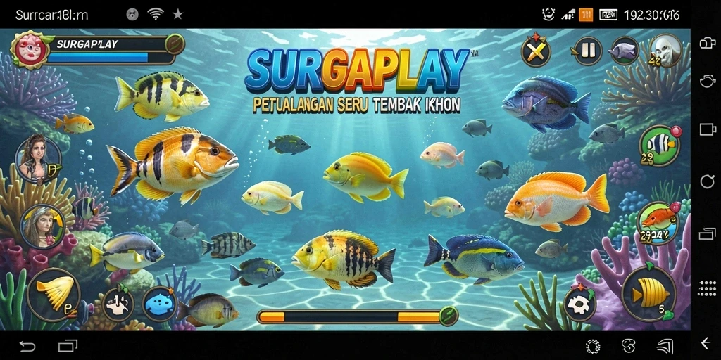 Tampilan gameplay <strong>SURGAPLAY</strong> menampilkan serunya menembak ikan di laut yang indah.